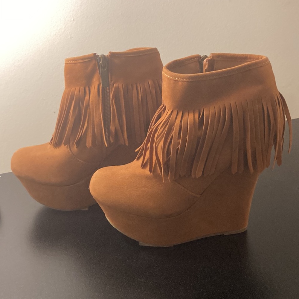 Suade fringe wedge boots - $25